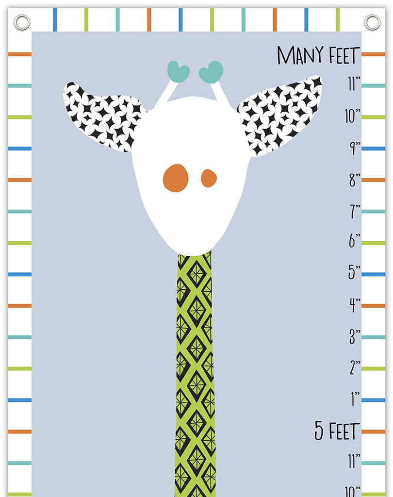 Giraffe Growth Chart Blues 12" x 51" Giraffe" on heavy duty art canvas with grommets and hanging hardware. Colorway blues.